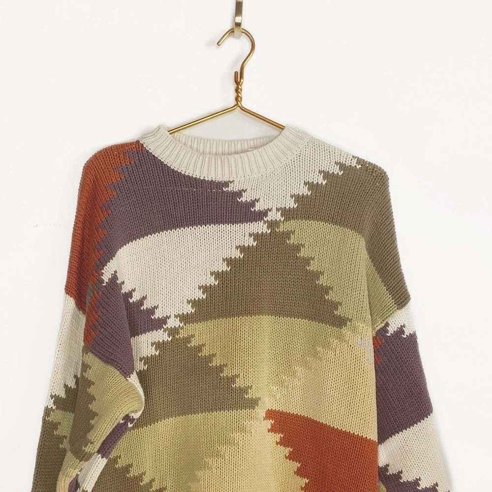 Vtg Perry Ellis knit Grandpa Sweater Geometric Triangle Colorful Mens size L